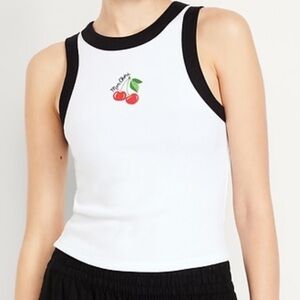 White Cherry Tank Top with Black Trim - Women